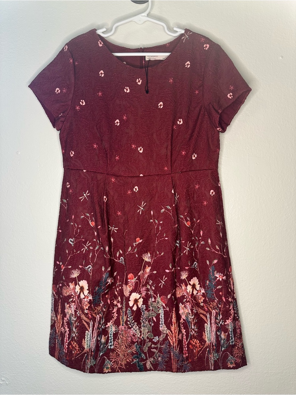 Zara Burgundy Floral Short-Sleeve A-Line Dress